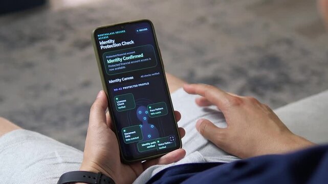 Mobile identity protection confirms a verified financial profile using liveness, face, document and voice checks, highlighting secure digital banking and fraud prevention.