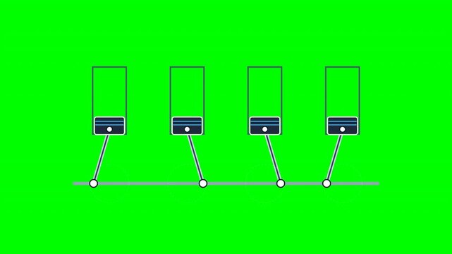 An engine piston animation showing mechanical movement against a vibrant green screen background for digital compositing and video editing.