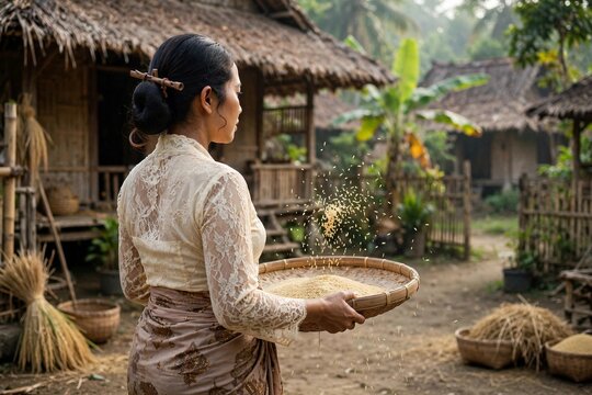 Traditional Javanese woman cleaning rice from chaff by rotating bamboo tampah