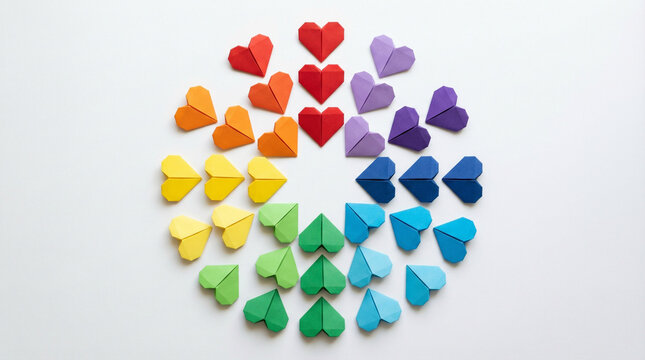 Minimalist Paper Hearts in Rainbow Colors Flat Lay Arrangement. Overhead view of origami hearts in spectrum colors arranged in circle pattern on clean white background, modern aesthetic
