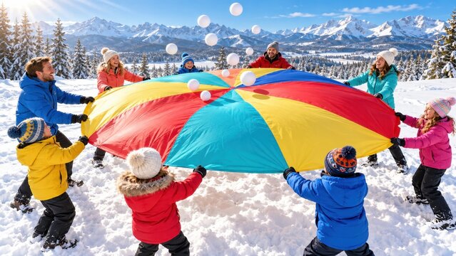 Families enjoy a colorful parachute ball game together in a bright snowy mountain landscape