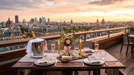 Fototapeta premium Romantic rooftop dinner table set for two overlooking the Paris city skyline at sunset hour