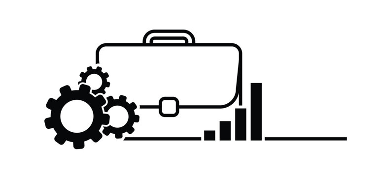 Briefcase with gears and a growing graph, bar chart. Process optimization, and business growth. Symbols are for business management and business development. Cogwheel, gear mechanism.