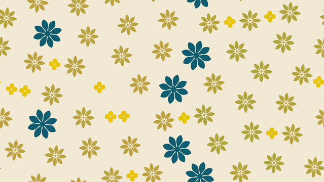 Stylized floral and clover pattern in blue, gold, and olive