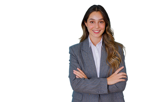 Professional business woman smiling with arms crossed, exuding confidence and leadership, transparent background
