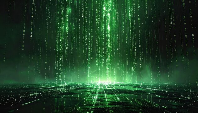 Abstract Digital Rain of Green Binary Code Falling on Futuristic Cityscape with Neon Lights