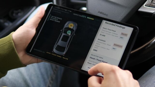 Driver reviews an insurance claim assessment on a tablet, showing digital vehicle damage inspection, repair estimates, evidence tracking and faster claims processing.