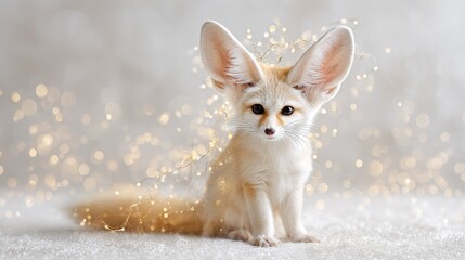 Fototapeta premium Adorable fennec fox with fairy lights on soft blanket and glittering background