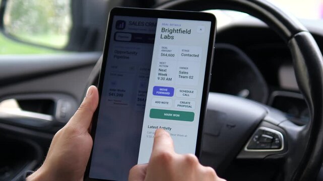 Mobile CRM workflow shows a sales rep opening a live deal, reviewing pipeline details and turning an active prospect into a scheduled follow-up conversation.