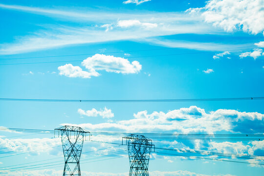 Two tall transmission towers and wires in Eastern Washington