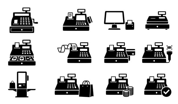 Black Cash Register and POS System Icons for Retail Checkout