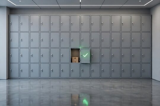 A large wall of grey metal storage lockers in a hallway, with one specific locker door open, revealing a cardboard box inside and a glowing green check mark sign