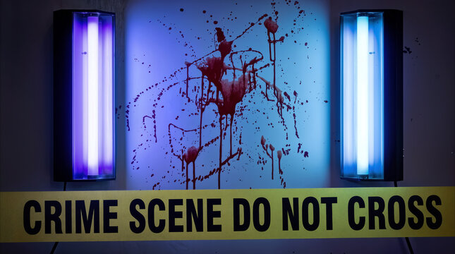 Blood spatter on wall illuminated by ultraviolet lamps at forensic investigation site. Crime scene tape in foreground of murder mystery concept.