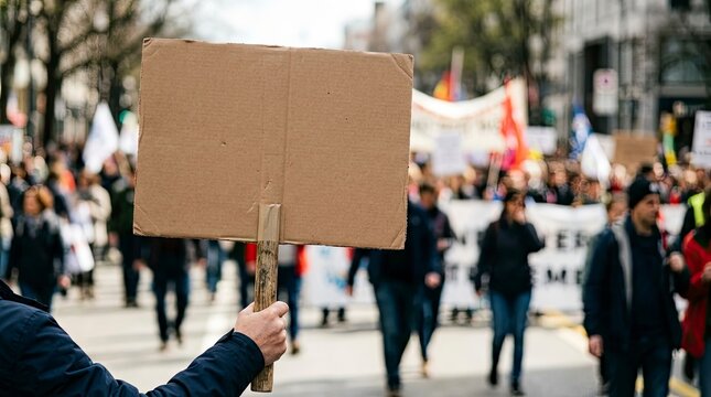 Hand holding a blank cardboard sign at a street protest demonstration with a blurred crowd in the background