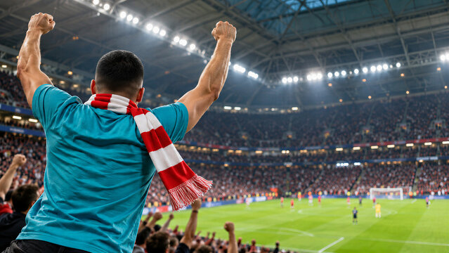 Soccer fan wearing a red-and-white scarf cheering with raised fists in crowded stadium. Supporters watch a live match from the stands. Football fandom and team spirit.