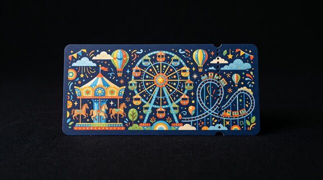 A colorful dark blue amusement park ticket mockup on dark background, ideal for carnival passes, festival entry, fair admissions, and party invitations