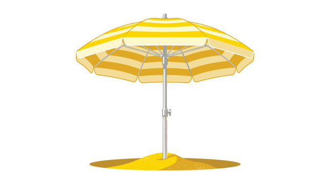 Yellow and White Striped Beach Umbrella Providing Shade on Sandy Shore, Summer Vacation Protection, Outdoor Relaxation Element