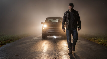 Naklejka premium Serious man walking away from pickup truck on foggy rural road at night. Cinematic scene with headlights illuminating thick mist.