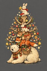 Fototapeta premium Adorable animals forming festive Christmas tree.