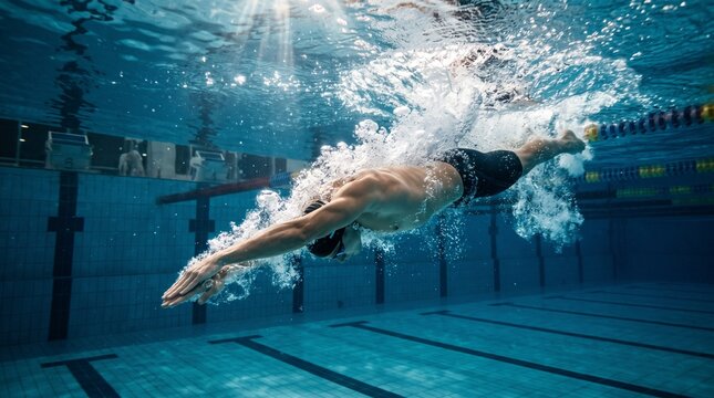 Male Swimmer Diving Underwater in Indoor Sports Swimming Pool with Splash and Bubbles Sunlight Rays Athletic Water Training Exercise Fitness Concept