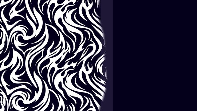 Navy blue and white flame swirl pattern revealing from left to right over a dark background as an animated intro