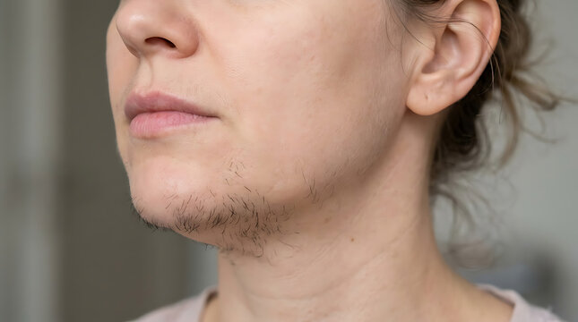 Woman showing excess facial hair growth on chin, hirsutism and PCOS concept