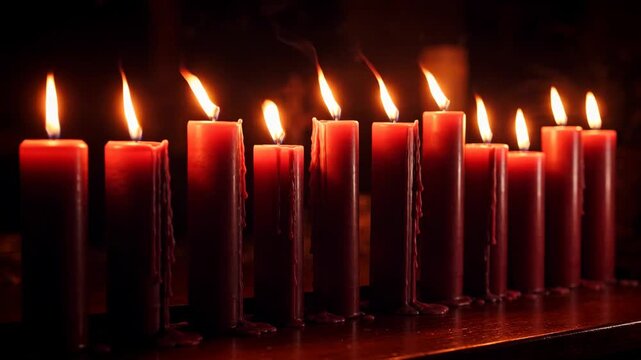 Row of burning red candles with dripping wax at night