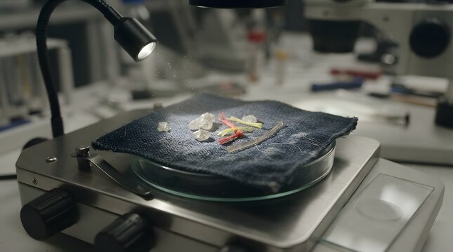 Tiny microplastics and fibers are illuminated on a petri dish. They rest on a dark cloth under a bright lab light.