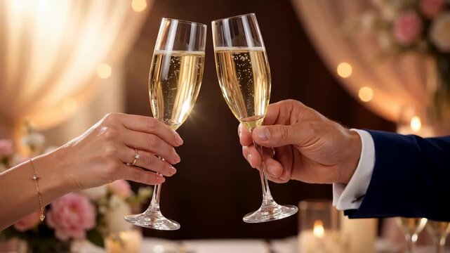 Couple toasting with champagne flutes at elegant evening event