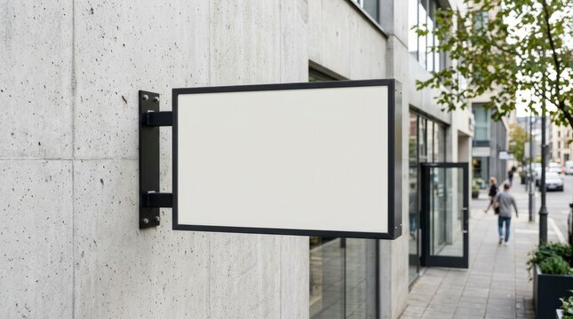 Blank horizontal wall mounted rectangular sign mockup on a modern concrete building facade in a busy city street scene