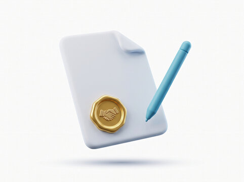 Legal contract document with golden handshake seal and pen in 3d clay style