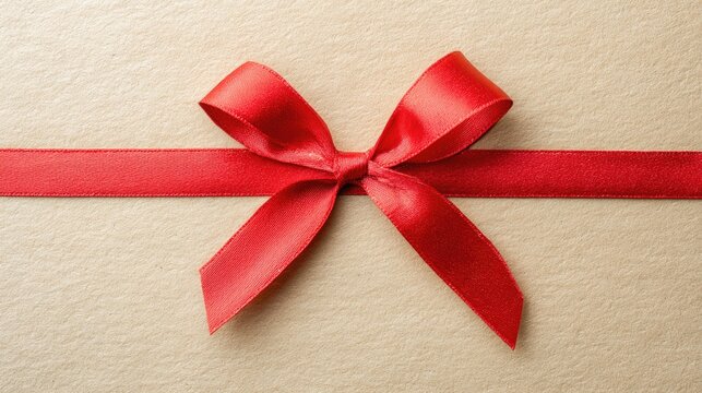 Elegant red ribbon bow on textured yellow background for gift wrapping and celebrations