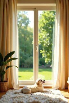 Peaceful canine companion rests on fluffy rug, basking in sunlight streaming through a window overlooking a serene garden.