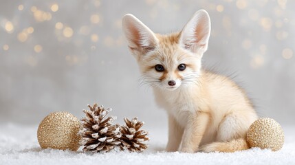 Fototapeta premium Adorable fennec fox cub in winter wonderland with pinecones and glittering ornaments