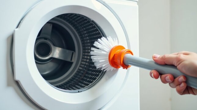 A hand using a cleaning brush to scrub the interior of a washing machine drum