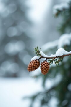Winter Wonderland Two Pine Cones Adorned with a Delicate Layer of Fresh Snow on a Branch