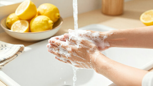 Close up of a woman washing her hands with white soap foam under running water in a bright kitchen sink with fresh yellow lemons in a bowl in the background
