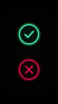 Right and wrong answer icons, check mark in green and red for quiz, e-learning and approval explainers, yes-or-no choices and test results, motion graphics animation, vertical seamless 4K loop