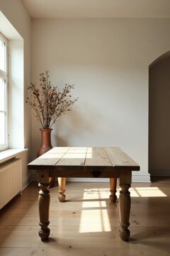 Rustic wooden table in a sunlit room with dried floral arrangement