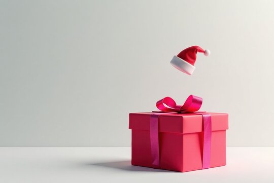 A Festive Red Gift Box with a Falling Santa Hat on a White Background