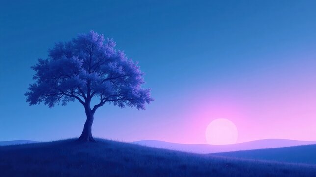 Serene Sunset Landscape Solitary Tree on a Gentle Hill Under a Vivid Twilight Sky