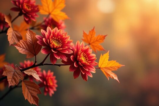 Autumnal Blooms and Vibrant Maple Leaves Gracefully Adorn a Branch in Soft Sunlight