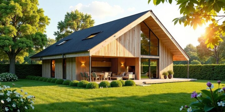 Modern Wooden House Design with Expansive Outdoor Living Space and Lush Greenery