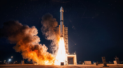 Fototapeta premium Heavy-lift rocket launching from coastal pad at night. Spacecraft ascent with fire and smoke plumes against starry sky.