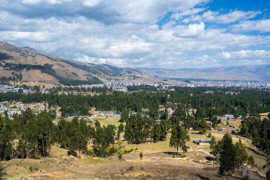 Huancayo, Jun&iacute;n, Per&uacute; : Huancayo spreads across the Mantaro Valley beyond eucalyptus woodland and agricultural land in the central Andes. Seen from the rural highlands above the city.