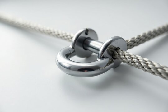 Close-up view of a polished metal shackle securing two strong braided ropes together