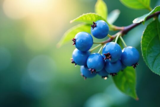 Close-up view of vibrant blue berries on a branch, surrounded by lush green foliage in soft sunlight