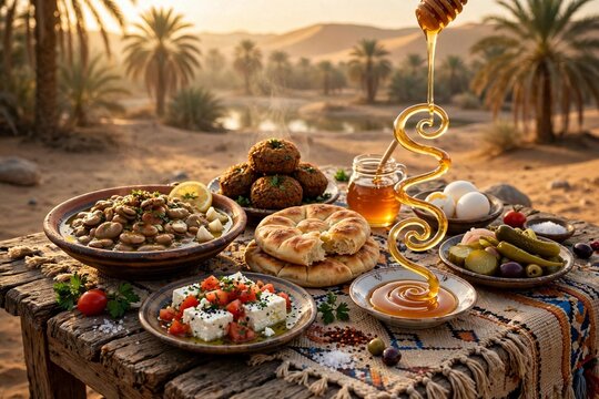 Traditional Egyptian breakfast ful medames falafel bread cheese honey spiral pouring in desert oasis at sunrise, no people