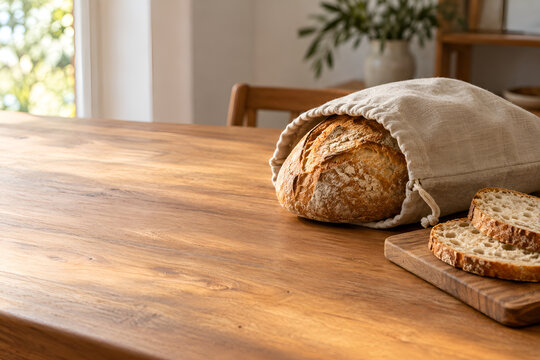 Sourdough bread in a reusable linen bag on a wooden table