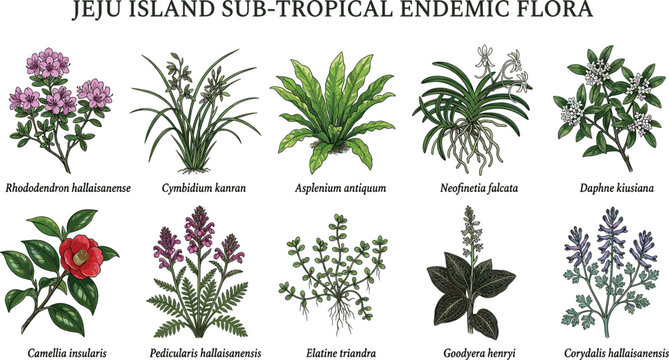 Jeju island subtropical endemic flora rhododendron hallaisanense cymbidium kanran asplenium antiquum botanical chart